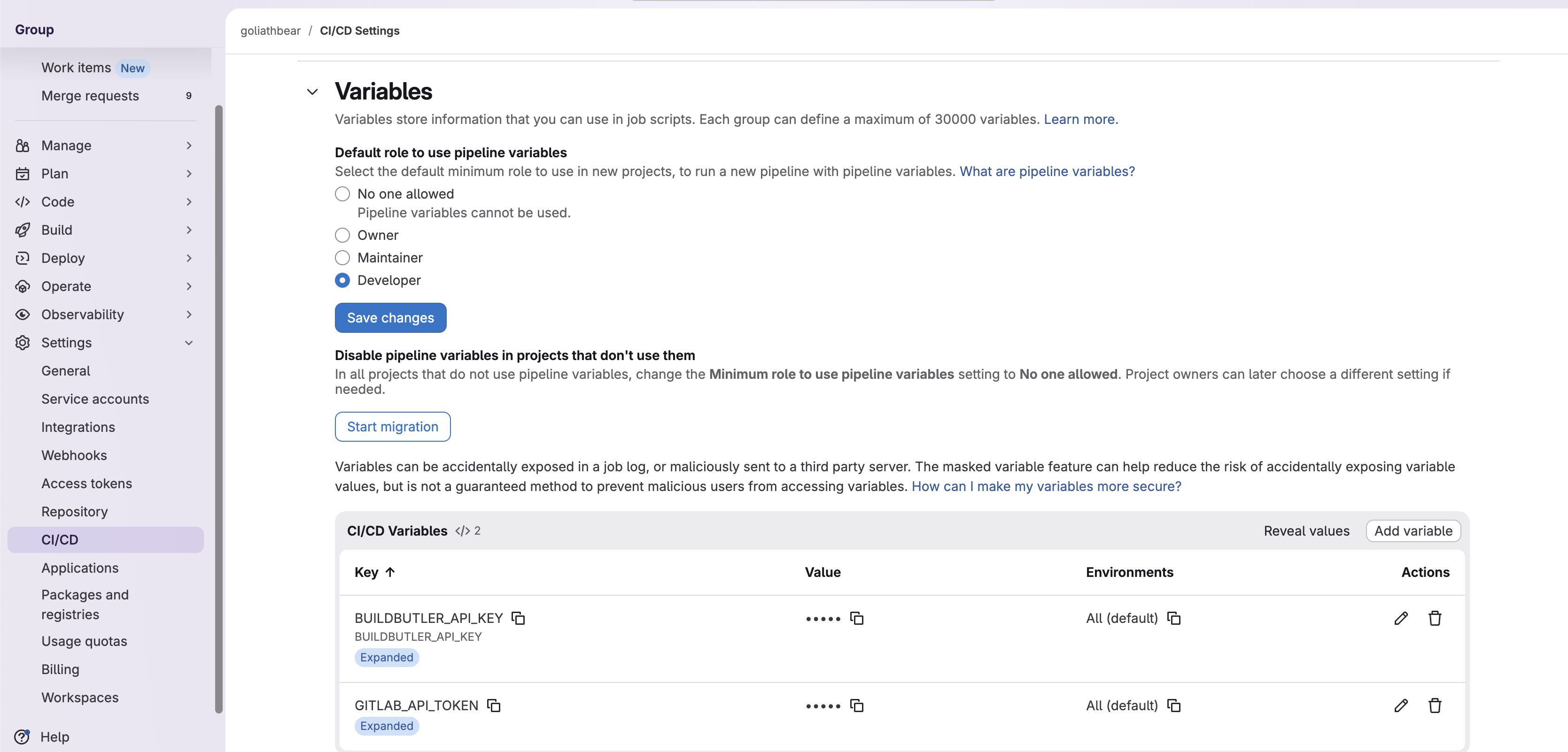 GitLab CI/CD Variables showing BUILDBUTLER_API_KEY and GITLAB_API_TOKEN