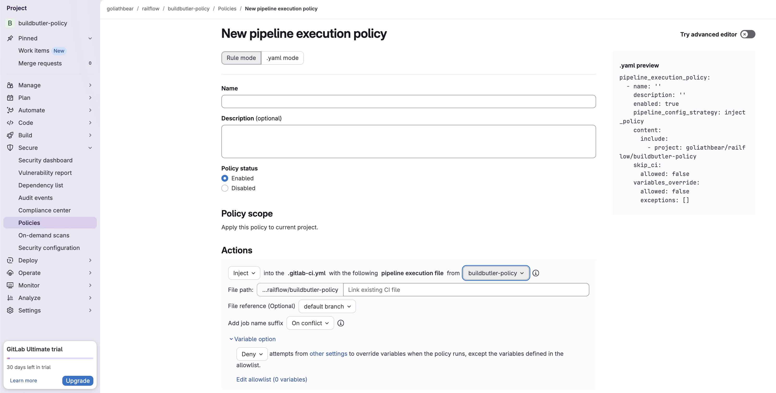 New pipeline execution policy form