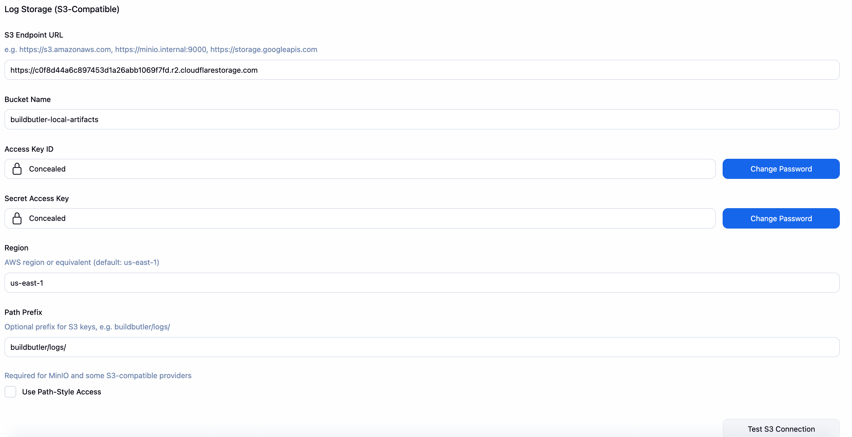 Log Storage S3 configuration