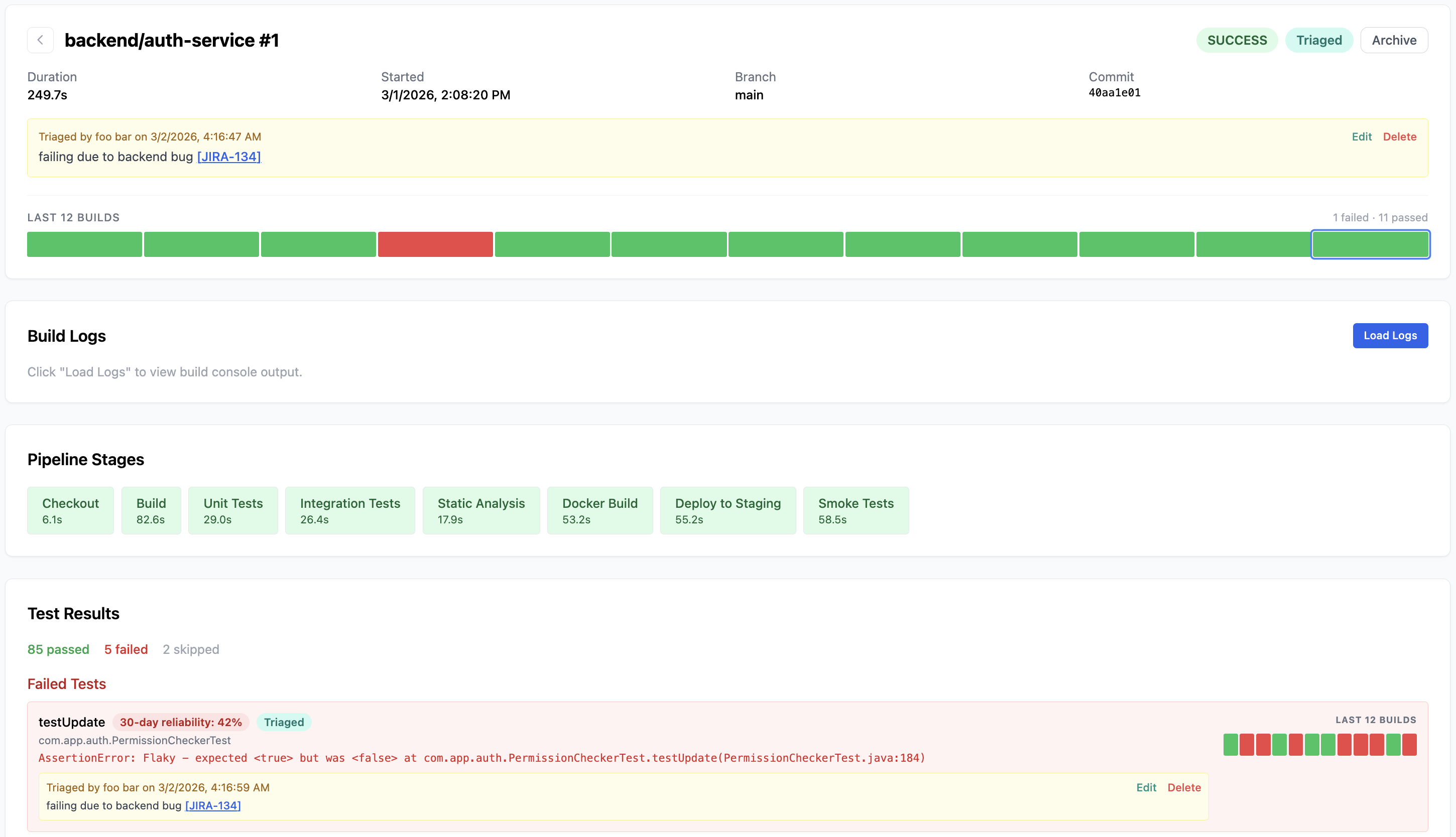 BuildButler Build Details — pipeline stages, test results, failed tests with triage notes